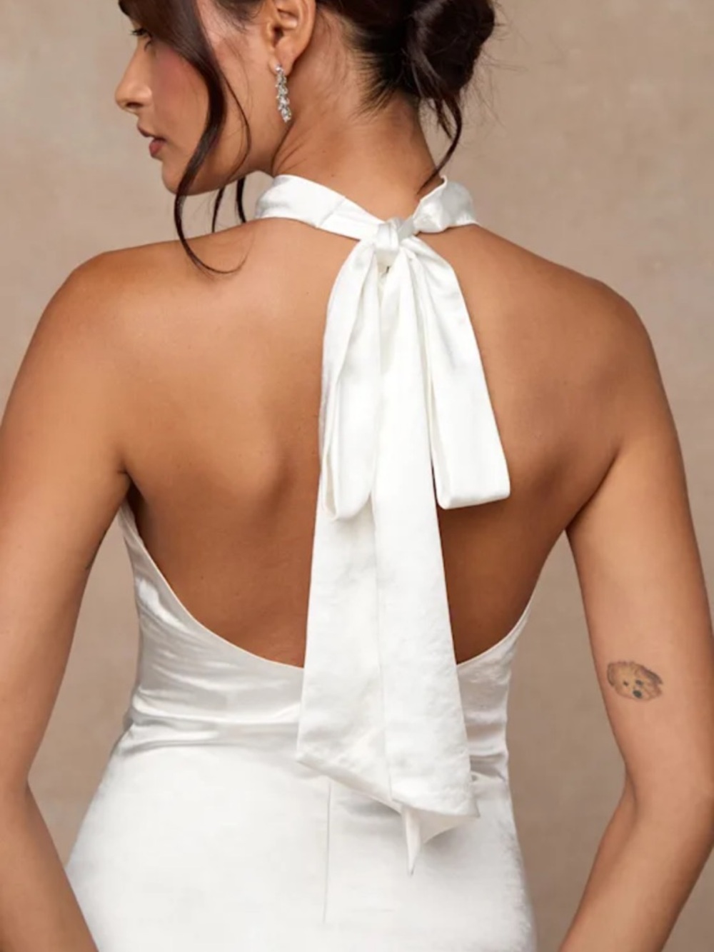 New Lulus Concetta Ivory Satin Elegant Halter Gown With Lace Panel Sz Medium - Picture 3 of 10